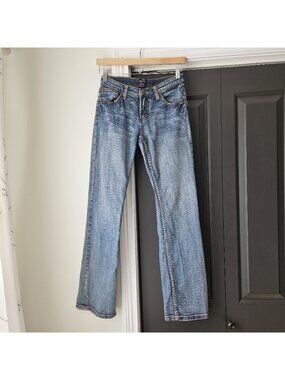 Cowgirl Up Bootcut Jeans Don't Fence Me In Size 2 W27 L34 Blue Western Long Low